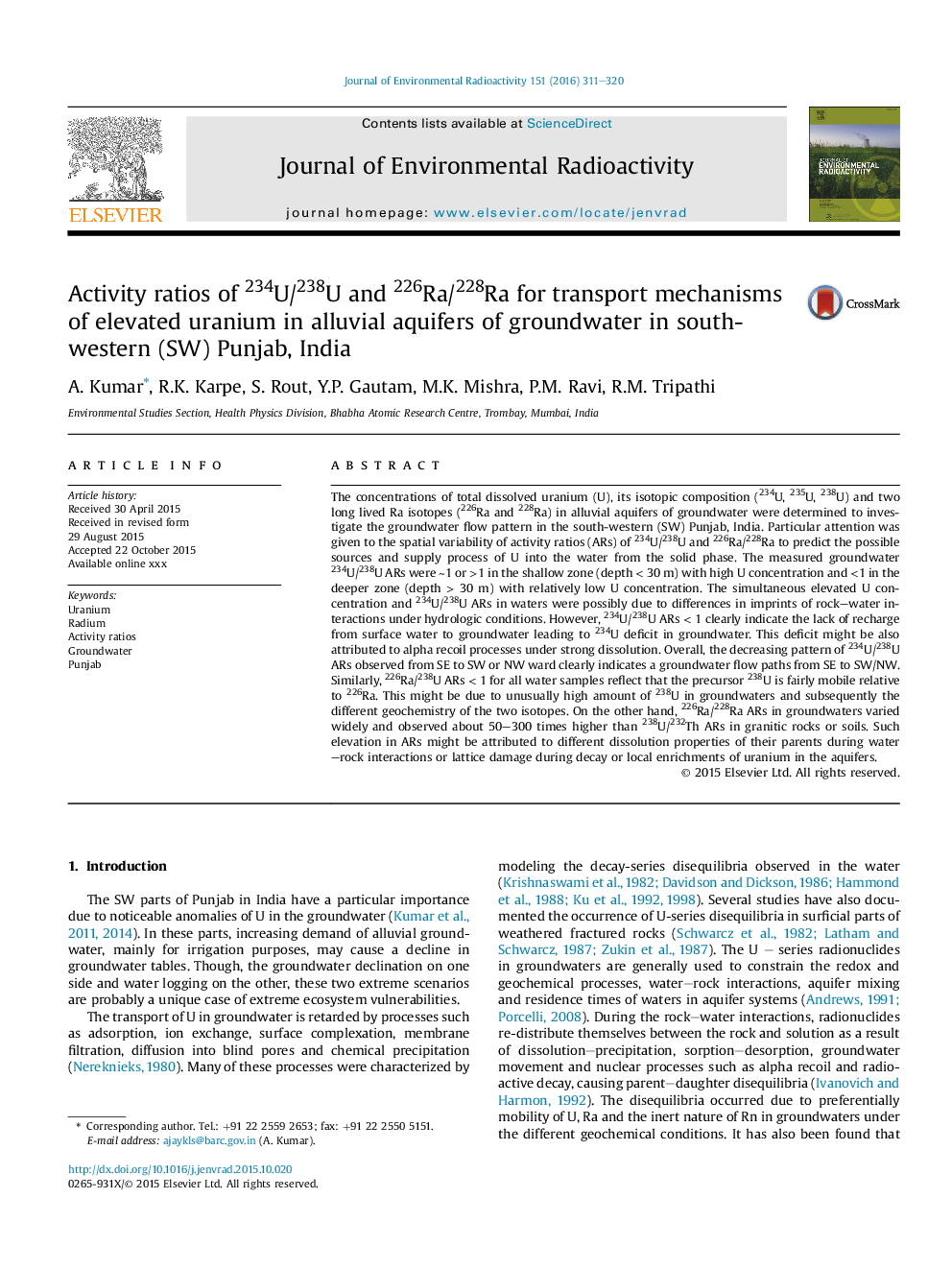 Activity ratios of 234U/238U and 226Ra/228Ra for transport mechanisms of elevated uranium in alluvial aquifers of groundwater in south-western (SW) Punjab, India