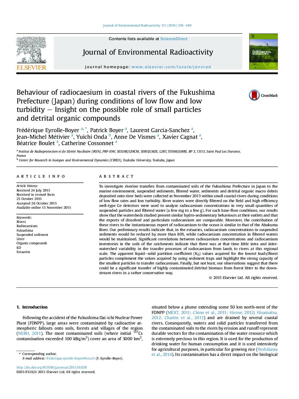 Behaviour of radiocaesium in coastal rivers of the Fukushima Prefecture (Japan) during conditions of low flow and low turbidity - Insight on the possible role of small particles and detrital organic compounds