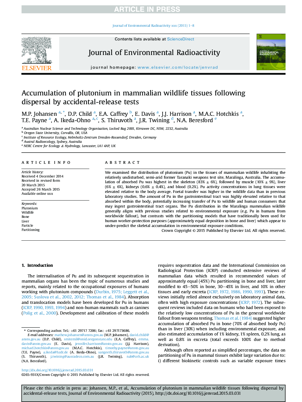 Accumulation of plutonium in mammalian wildlife tissues following dispersal by accidental-release tests