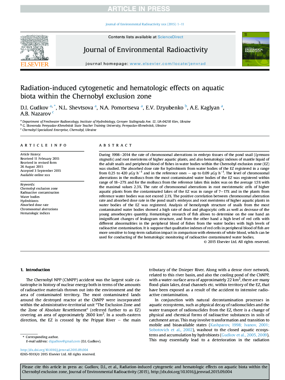 اثرات سیتوژنتیک و هماتولوژیک ناشی از تابش در زیست آبزی درون منطقه محرومیت چرنوبیل 