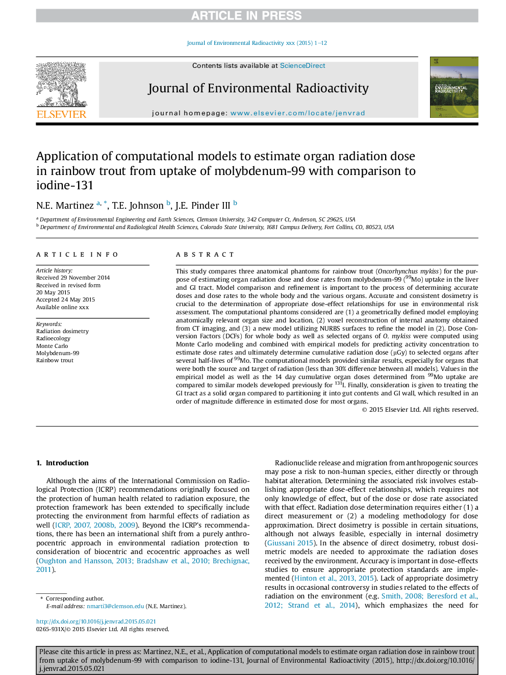 Application of computational models to estimate organ radiation dose in rainbow trout from uptake of molybdenum-99 with comparison to iodine-131