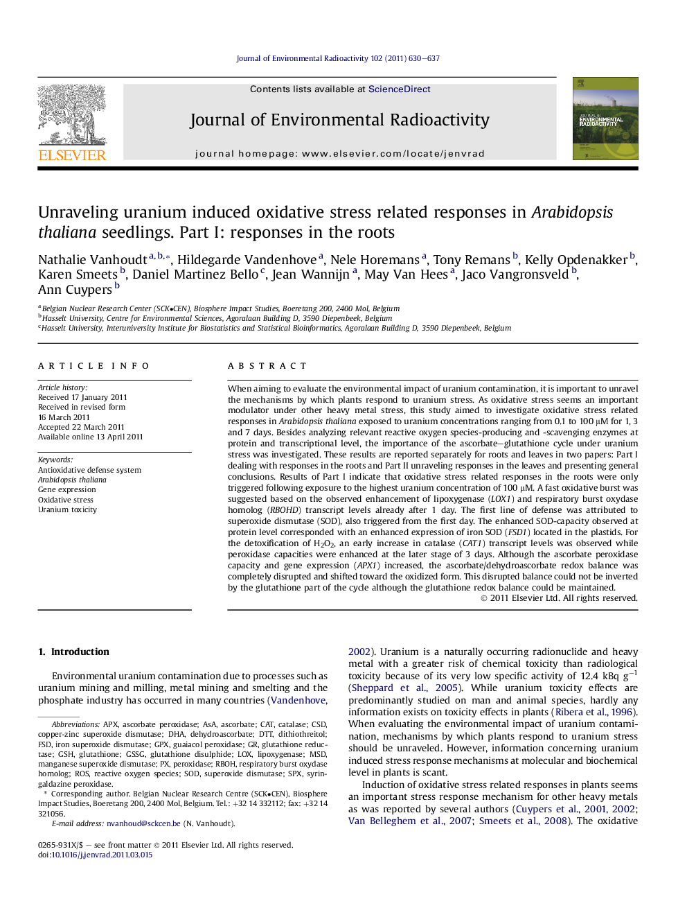 Unraveling uranium induced oxidative stress related responses in Arabidopsis thaliana seedlings. Part I: responses in the roots