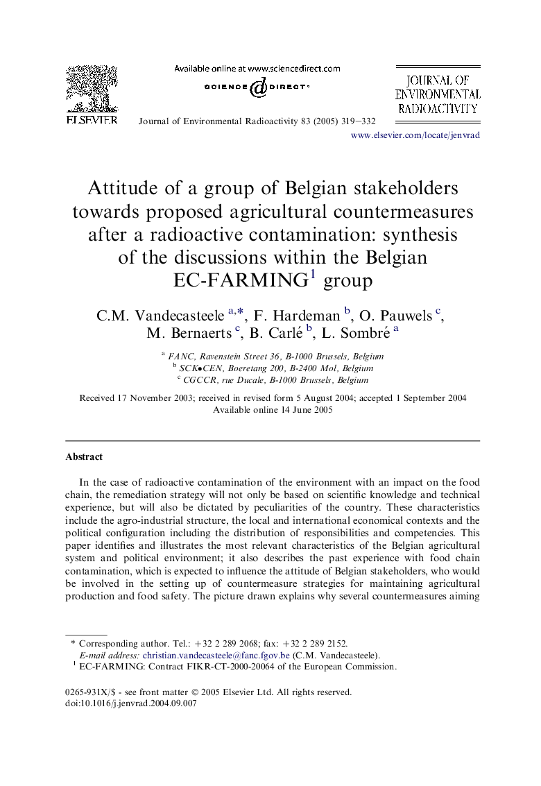 Attitude of a group of Belgian stakeholders towards proposed agricultural countermeasures after a radioactive contamination: synthesis of the discussions within the Belgian EC-FARMING1 group