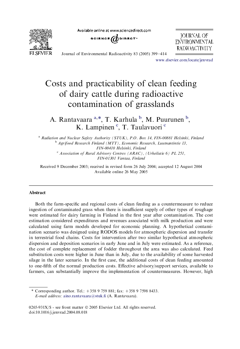 Costs and practicability of clean feeding of dairy cattle during radioactive contamination of grasslands