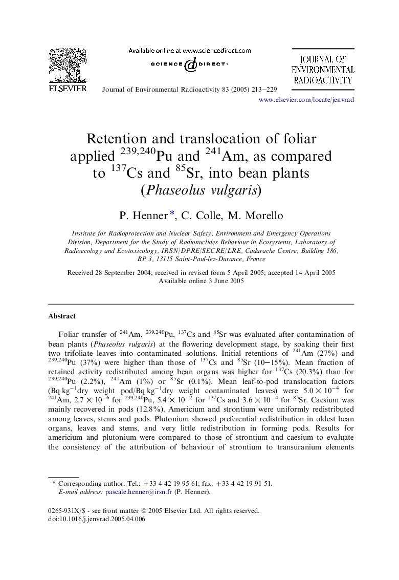 Retention and translocation of foliar applied 239,240Pu and 241Am, as compared to 137Cs and 85Sr, into bean plants (Phaseolus vulgaris)