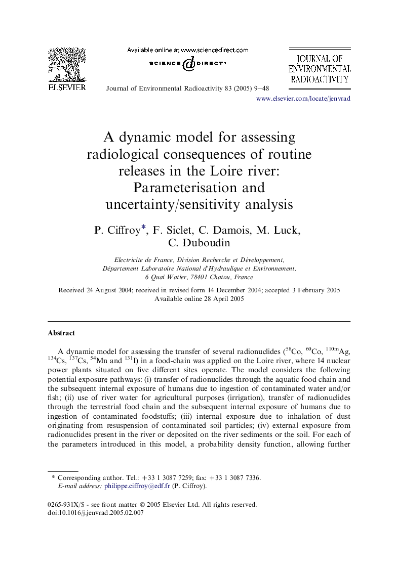 A dynamic model for assessing radiological consequences of routine releases in the Loire river: parameterisation and uncertainty/sensitivity analysis