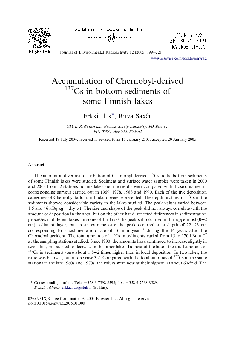 Accumulation of Chernobyl-derived 137Cs in bottom sediments of some Finnish lakes