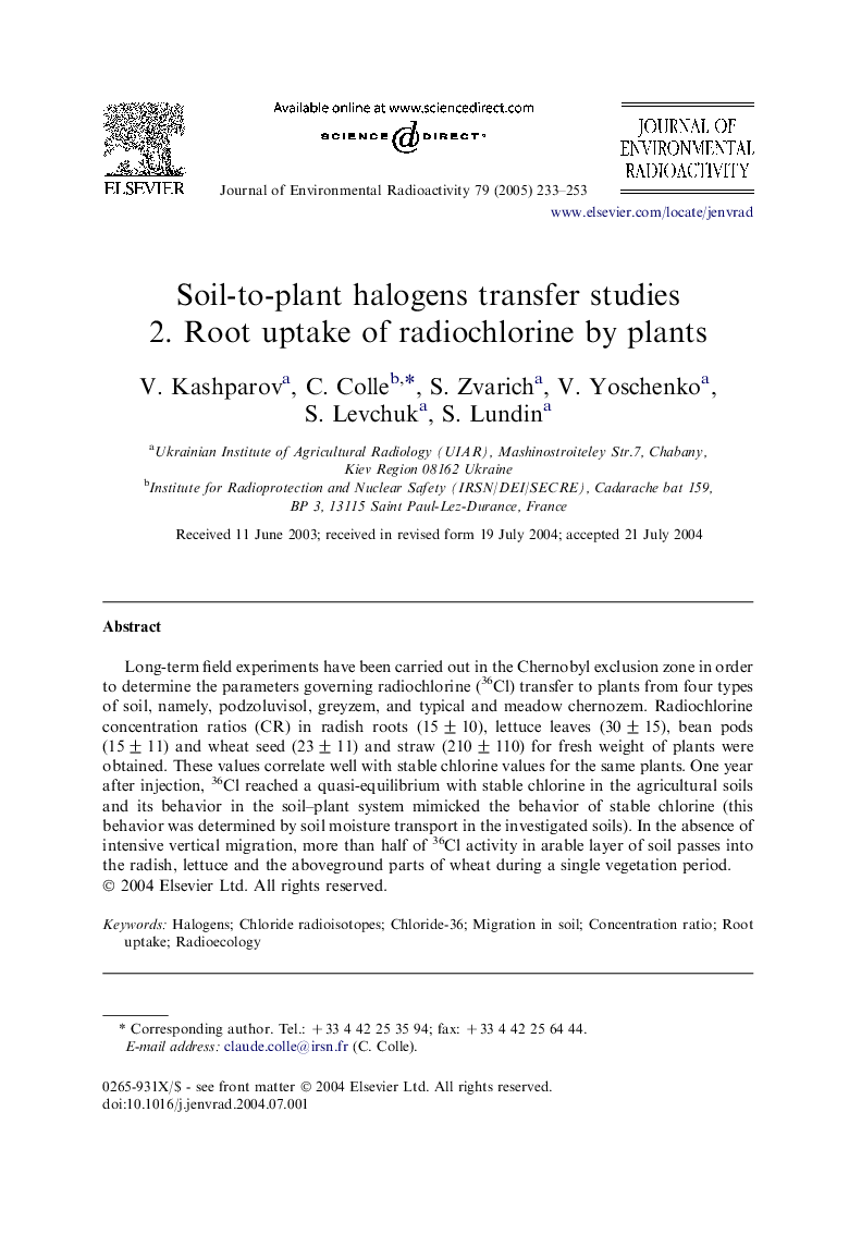 Soil-to-plant halogens transfer studies 2. Root uptake of radiochlorine by plants