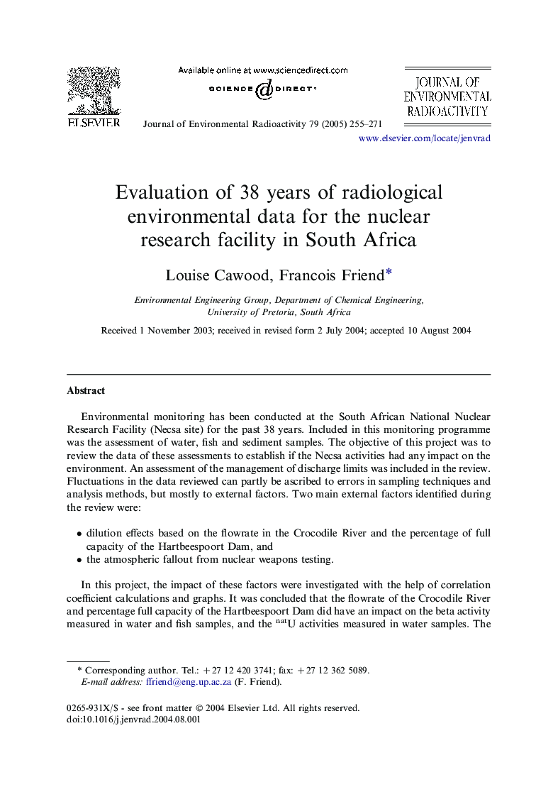 Evaluation of 38 years of radiological environmental data for the nuclear research facility in South Africa