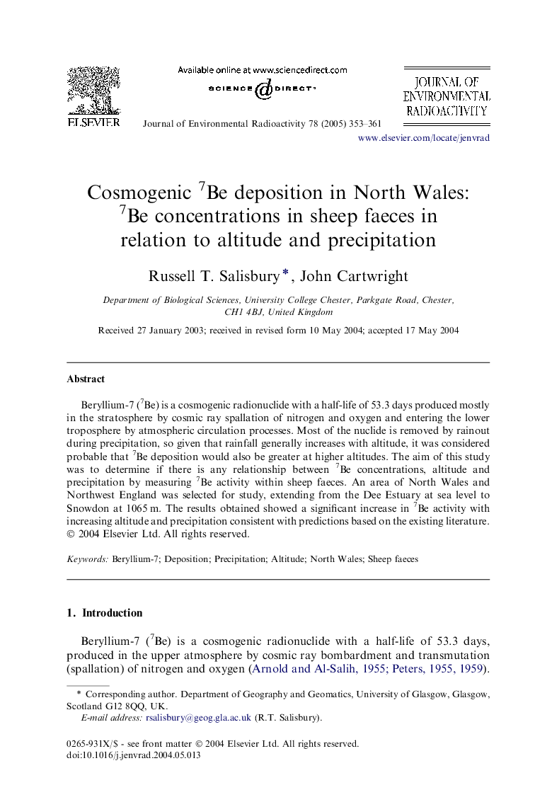 Cosmogenic 7Be deposition in North Wales: 7Be concentrations in sheep faeces in relation to altitude and precipitation