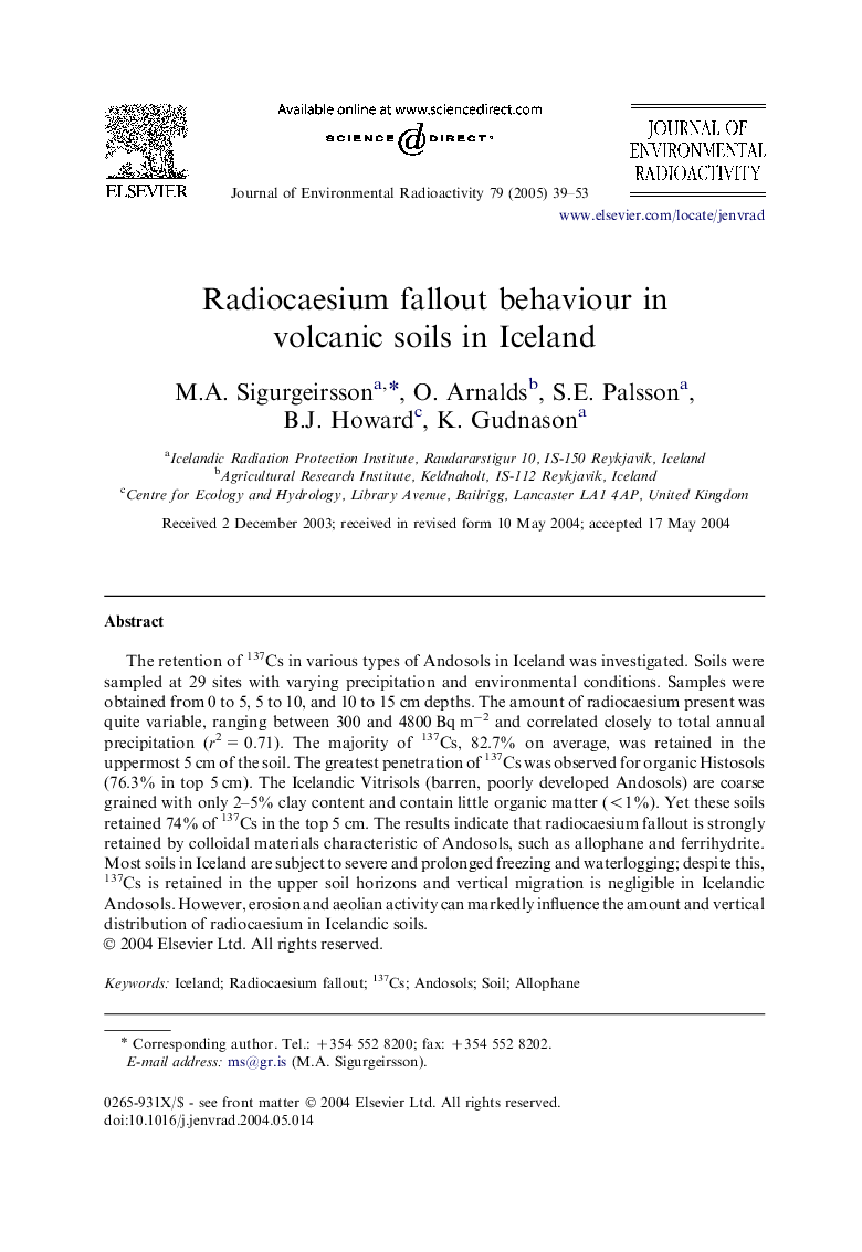 Radiocaesium fallout behaviour in volcanic soils in Iceland