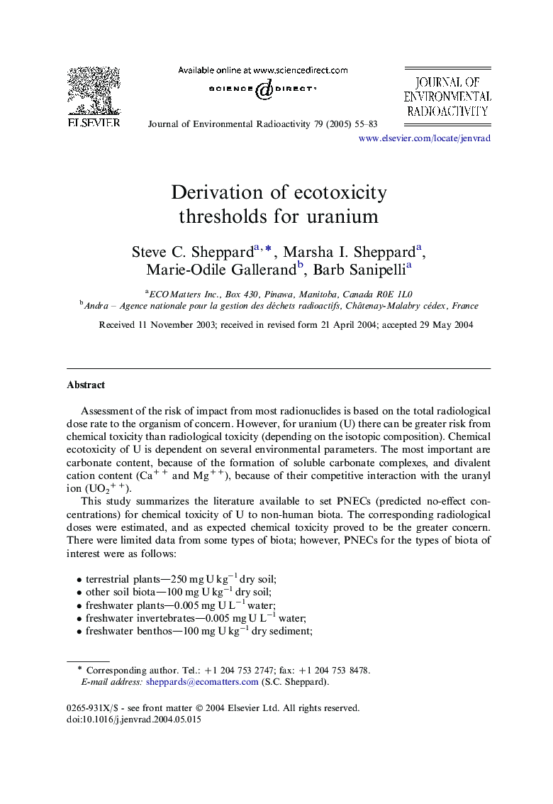 Derivation of ecotoxicity thresholds for uranium