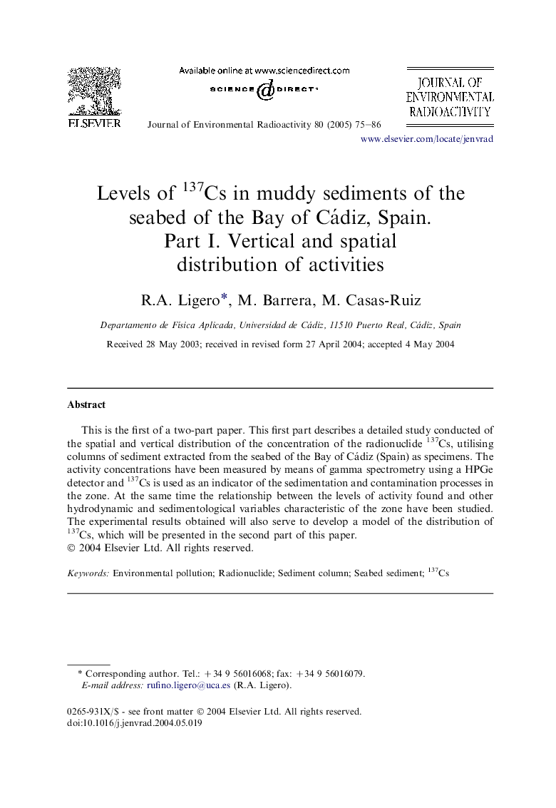 Levels of 137Cs in muddy sediments of the seabed of the Bay of Cádiz, Spain. Part I. Vertical and spatial distribution of activities