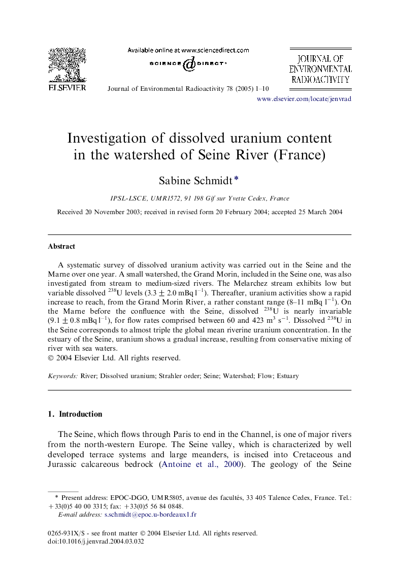 Investigation of dissolved uranium content in the watershed of Seine River (France)