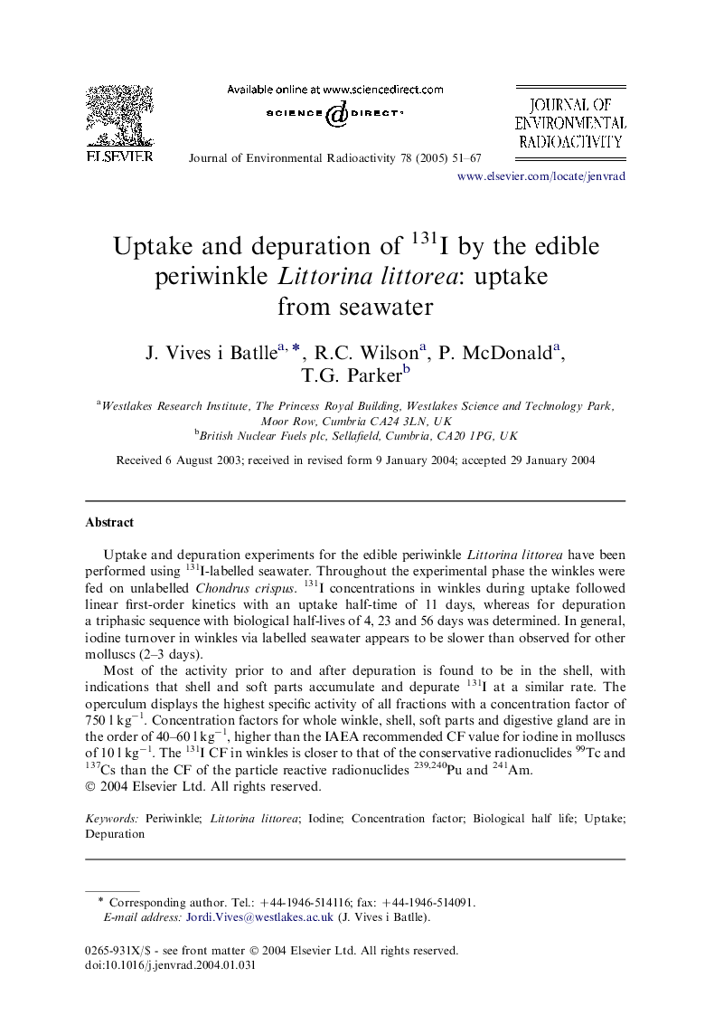 Uptake and depuration of 131I by the edible periwinkle Littorina littorea: uptake from seawater