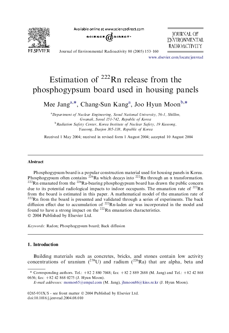 Estimation of 222Rn release from the phosphogypsum board used in housing panels