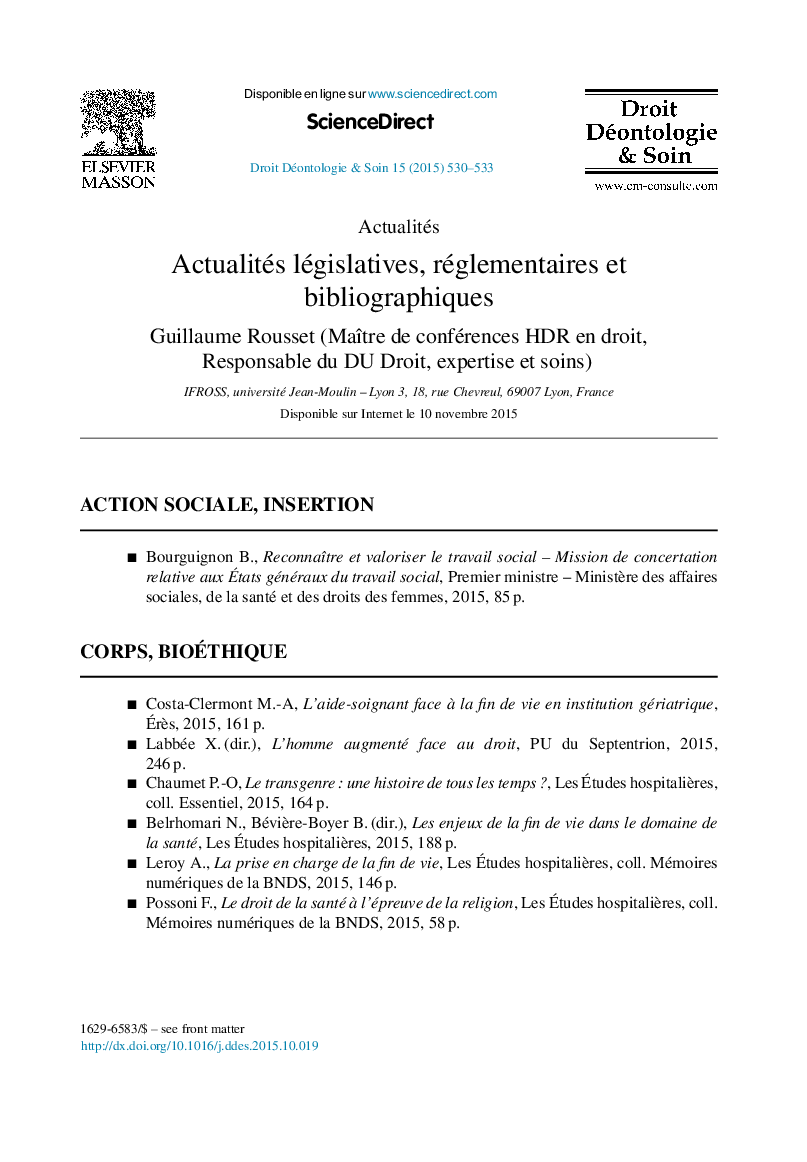 Actualités législatives, réglementaires et bibliographiques
