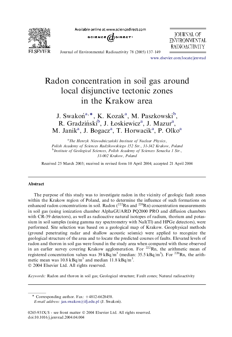 Radon concentration in soil gas around local disjunctive tectonic zones in the Krakow area