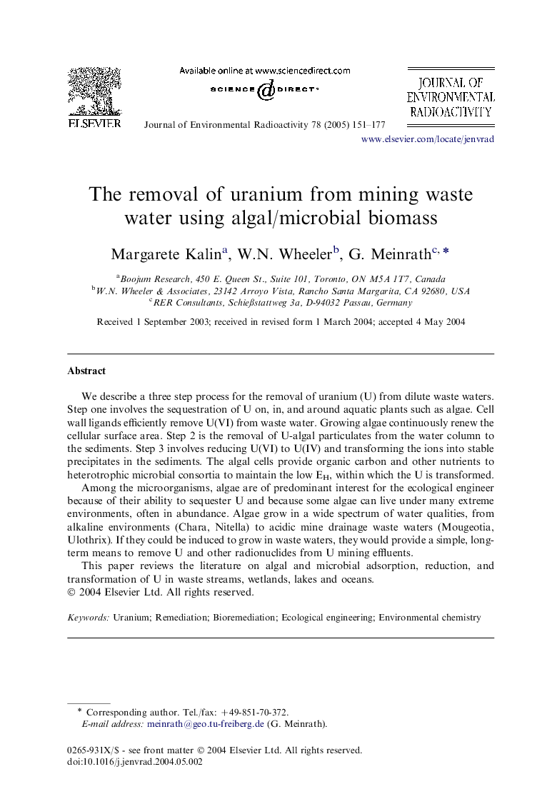 The removal of uranium from mining waste water using algal/microbial biomass