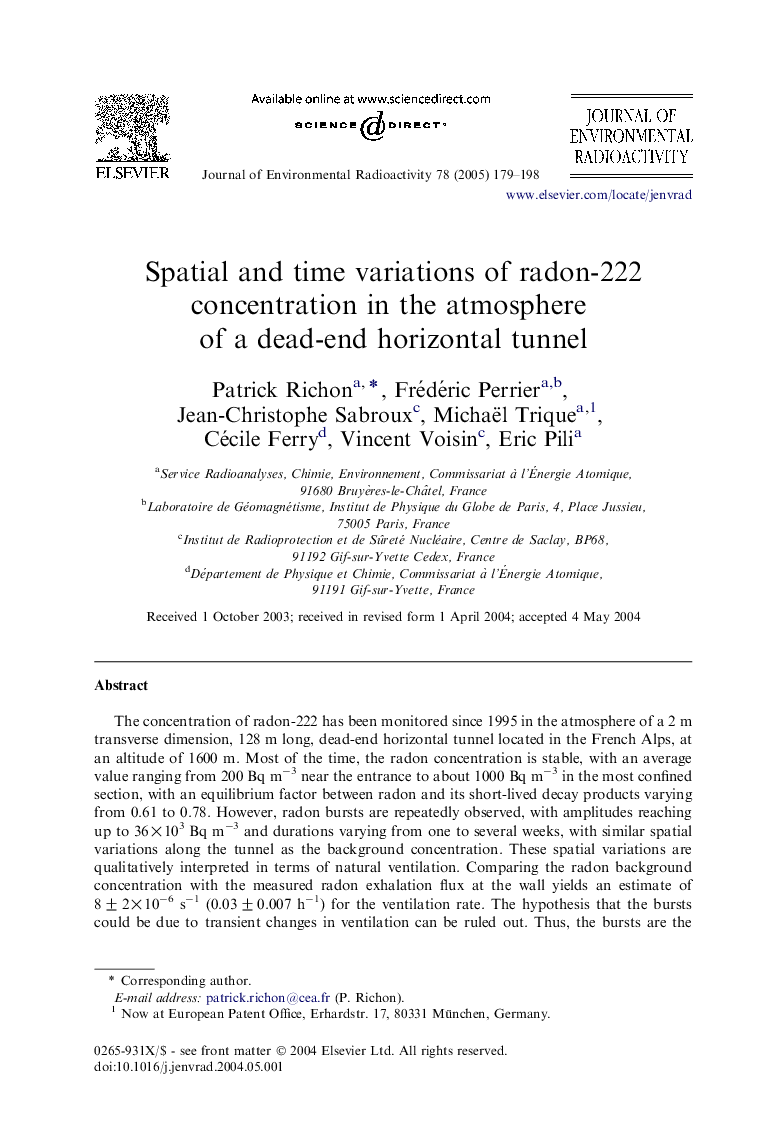 Spatial and time variations of radon-222 concentration in the atmosphere of a dead-end horizontal tunnel