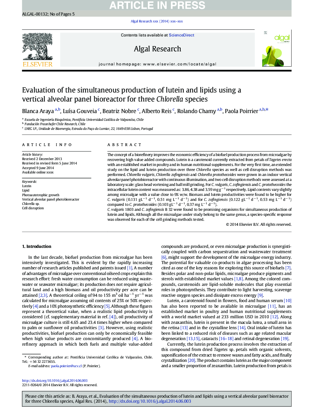 Evaluation of the simultaneous production of lutein and lipids using a vertical alveolar panel bioreactor for three Chlorella species