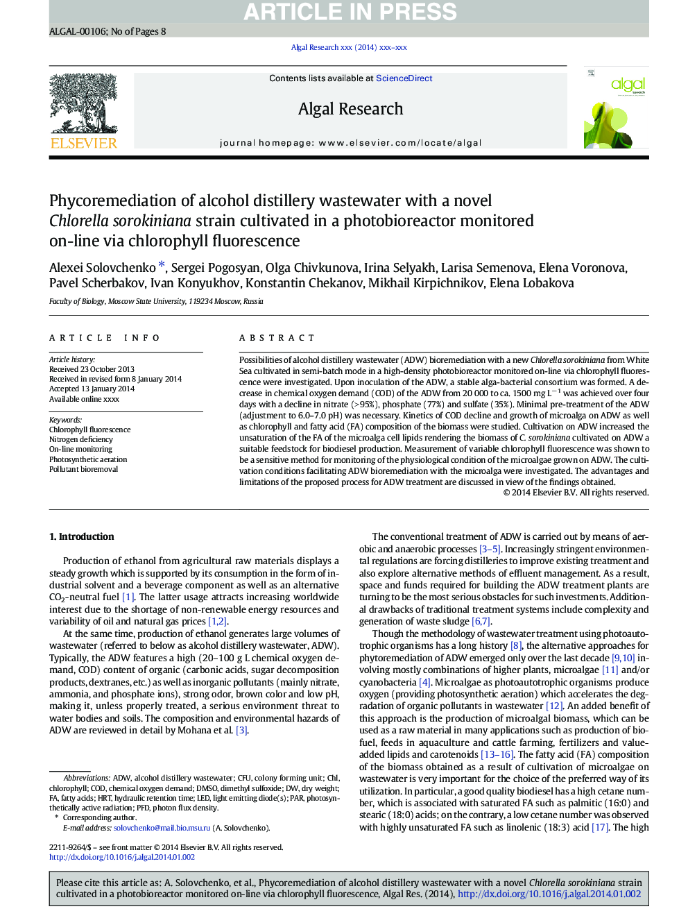 Phycoremediation of alcohol distillery wastewater with a novel Chlorella sorokiniana strain cultivated in a photobioreactor monitored on-line via chlorophyll fluorescence
