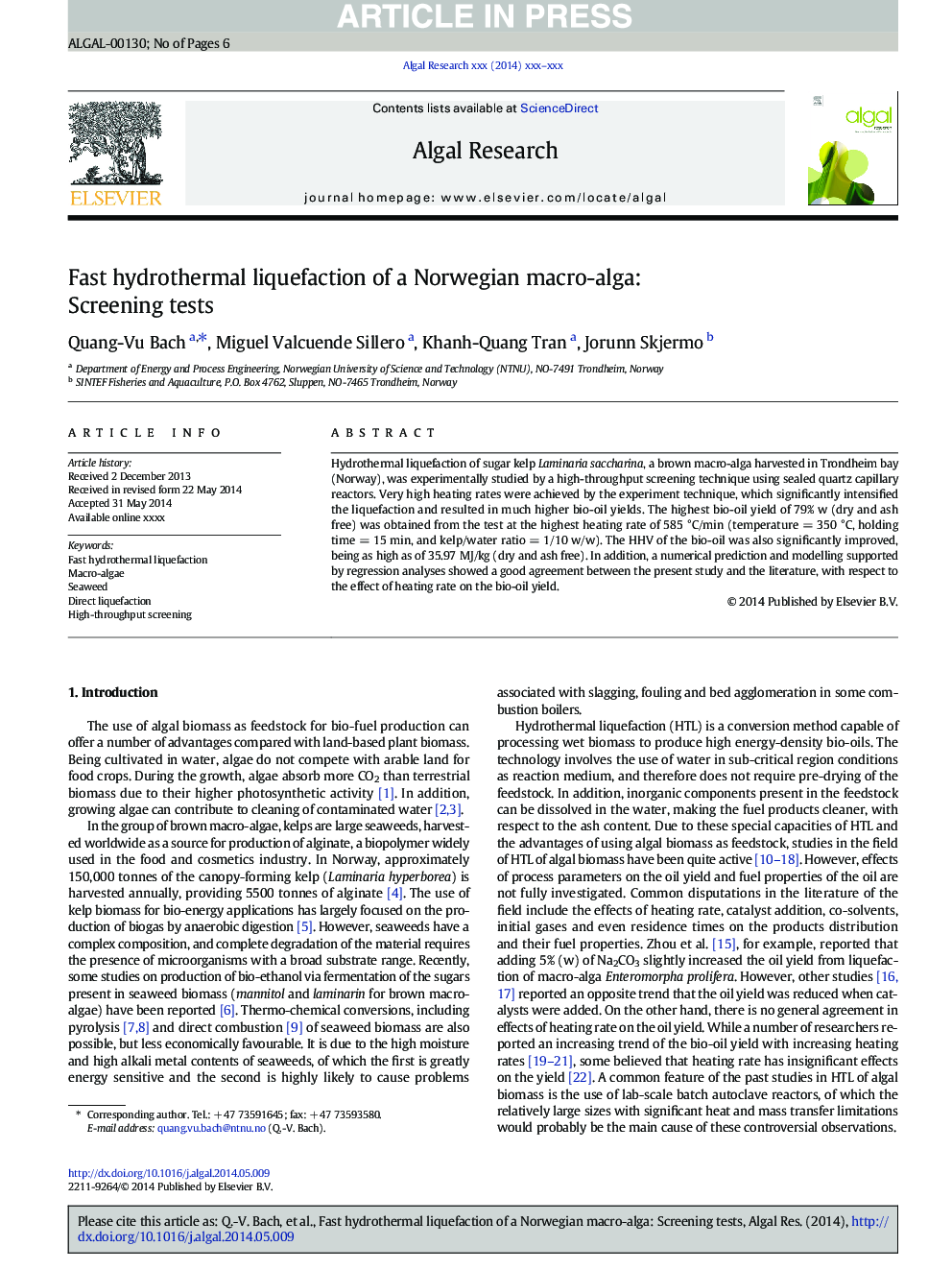 Fast hydrothermal liquefaction of a Norwegian macro-alga: Screening tests