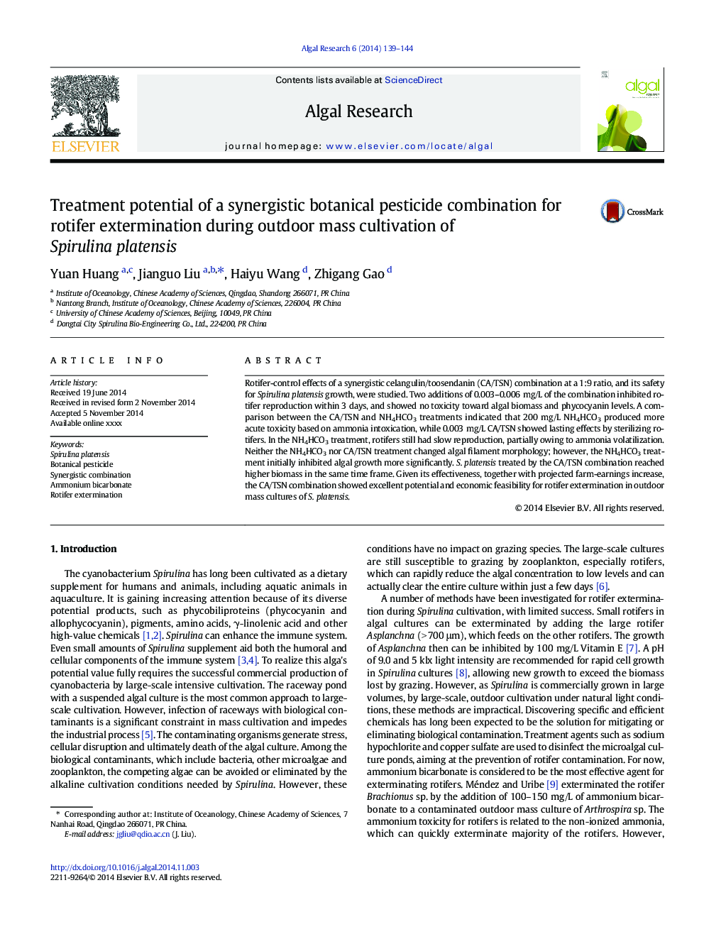 Treatment potential of a synergistic botanical pesticide combination for rotifer extermination during outdoor mass cultivation of Spirulina platensis