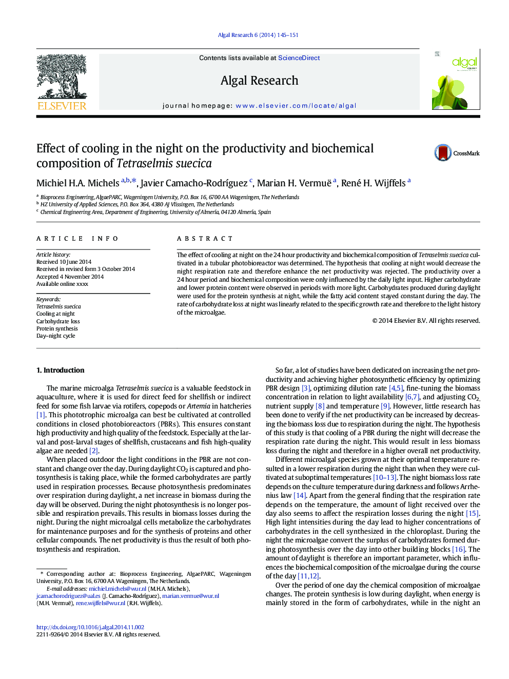 Effect of cooling in the night on the productivity and biochemical composition of Tetraselmis suecica