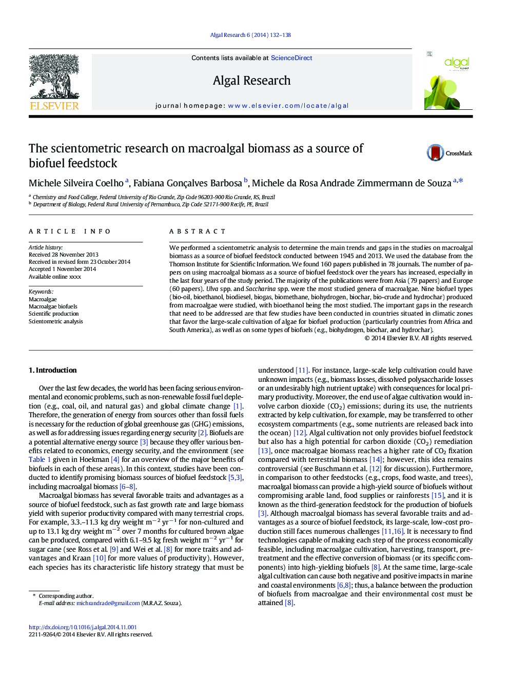 The scientometric research on macroalgal biomass as a source of biofuel feedstock