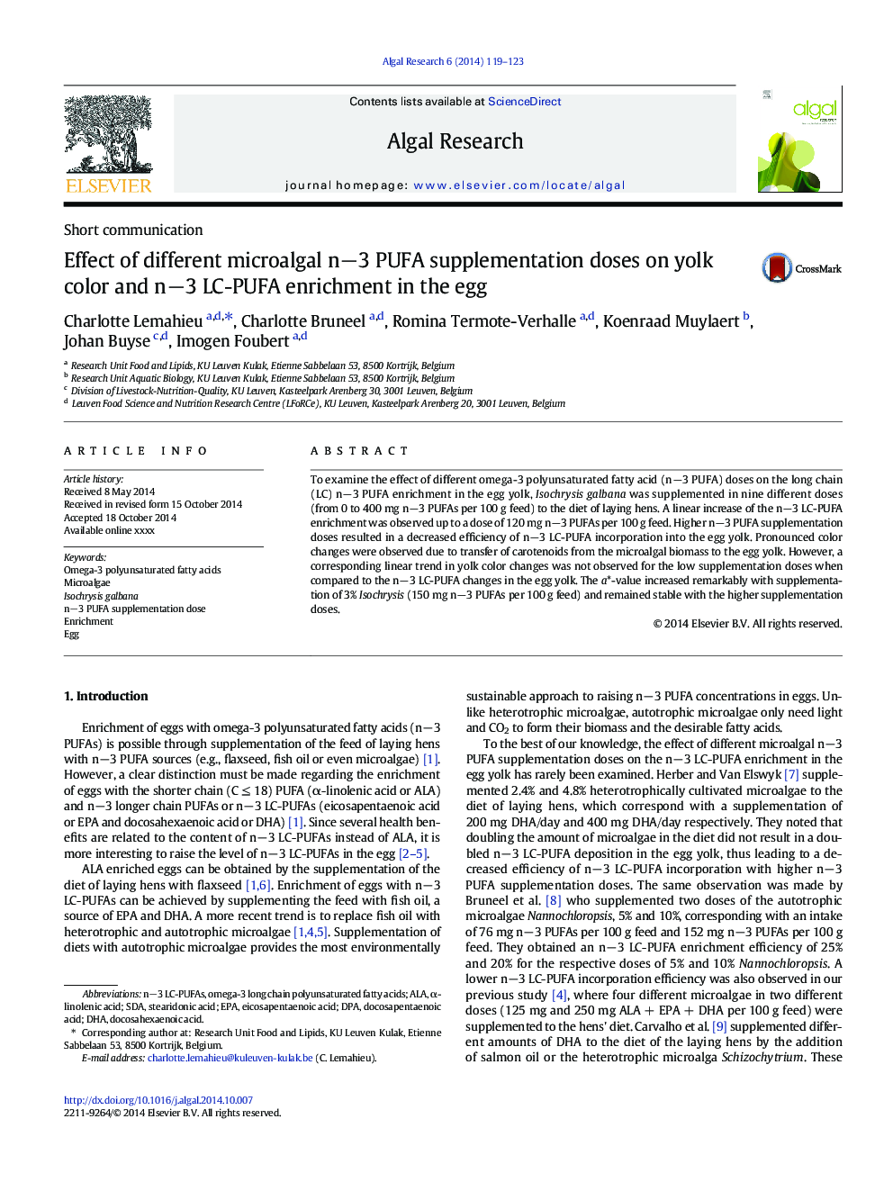 Effect of different microalgal nâ3 PUFA supplementation doses on yolk color and nâ3 LC-PUFA enrichment in the egg