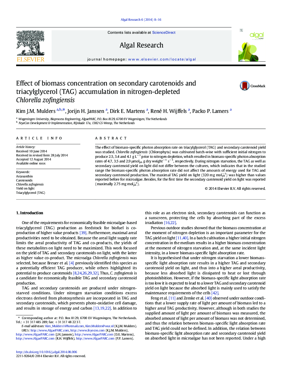 Effect of biomass concentration on secondary carotenoids and triacylglycerol (TAG) accumulation in nitrogen-depleted Chlorella zofingiensis