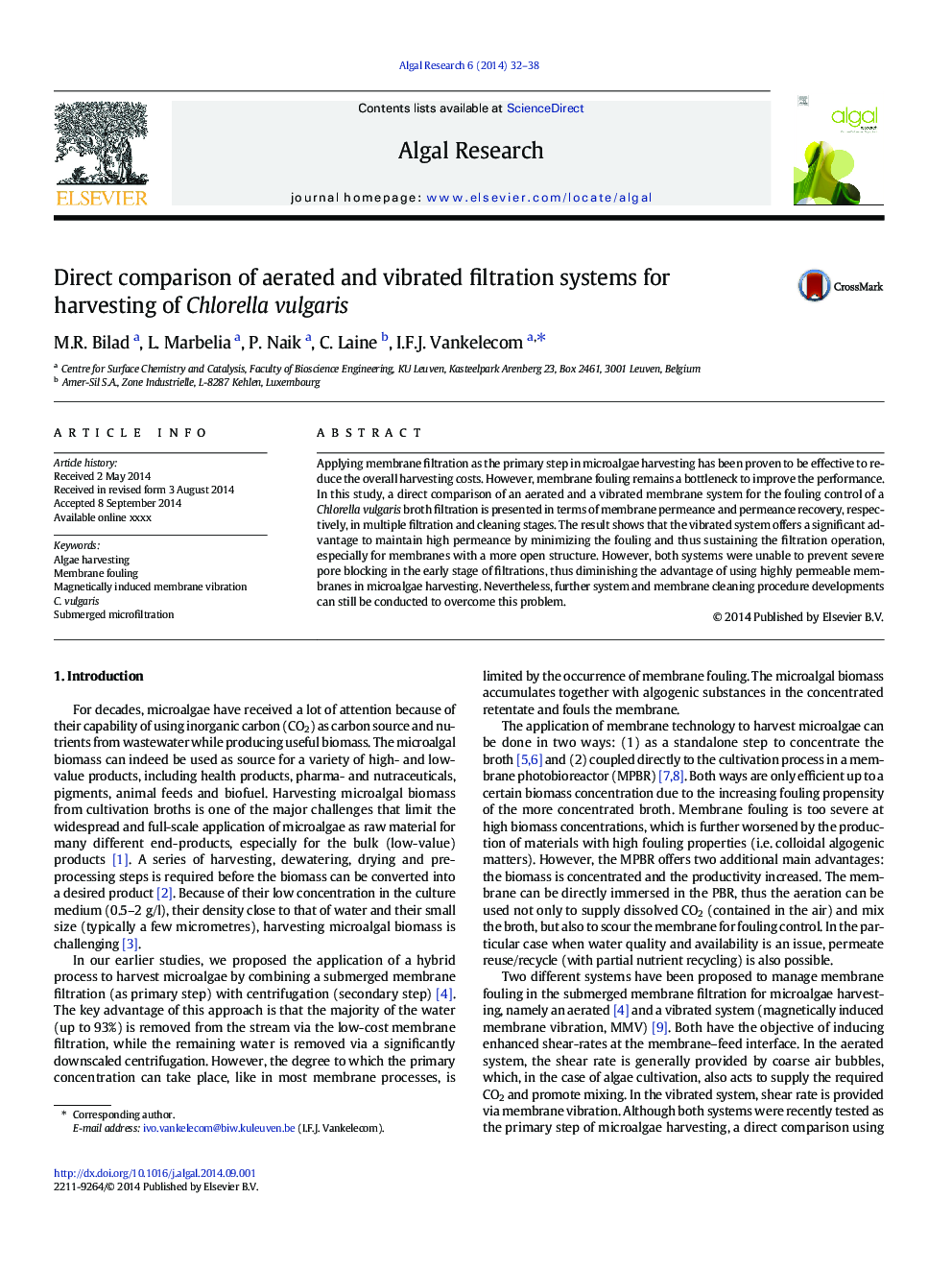 Direct comparison of aerated and vibrated filtration systems for harvesting of Chlorella vulgaris