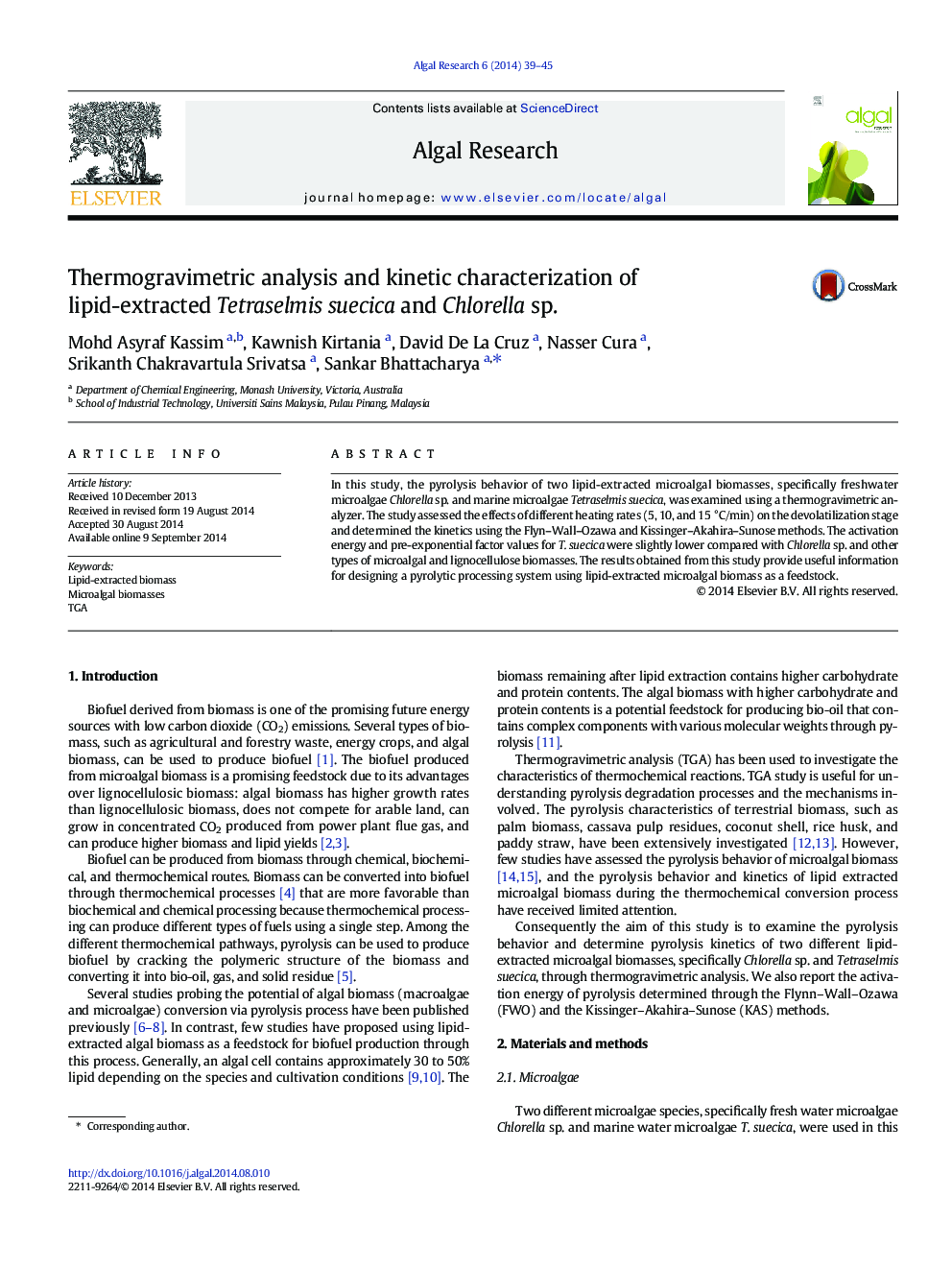 Thermogravimetric analysis and kinetic characterization of lipid-extracted Tetraselmis suecica and Chlorella sp.