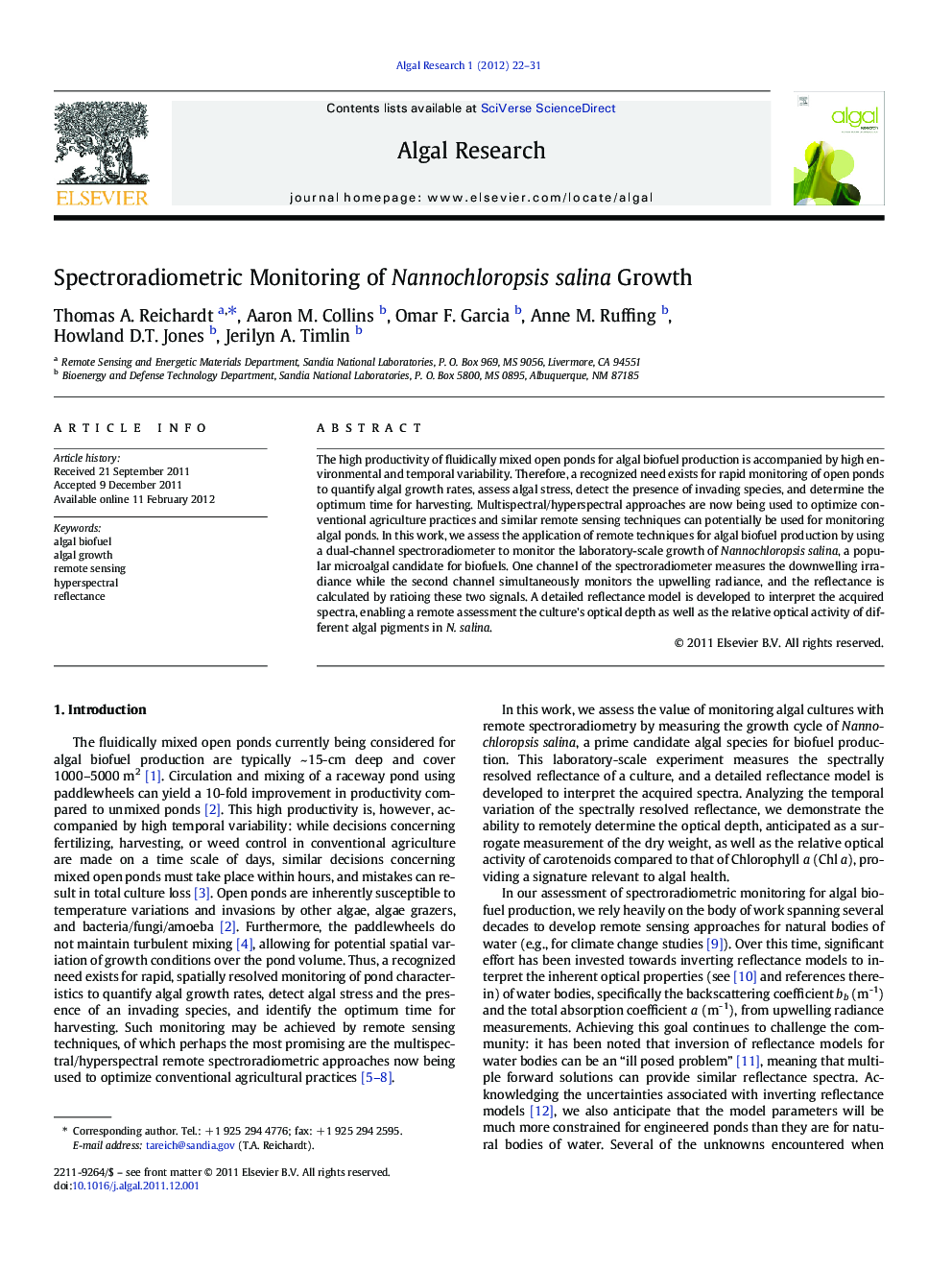 Spectroradiometric Monitoring of Nannochloropsis salina Growth