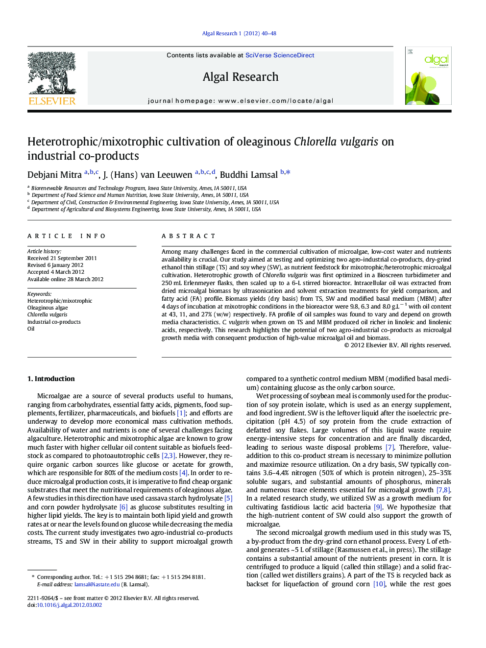 Heterotrophic/mixotrophic cultivation of oleaginous Chlorella vulgaris on industrial co-products