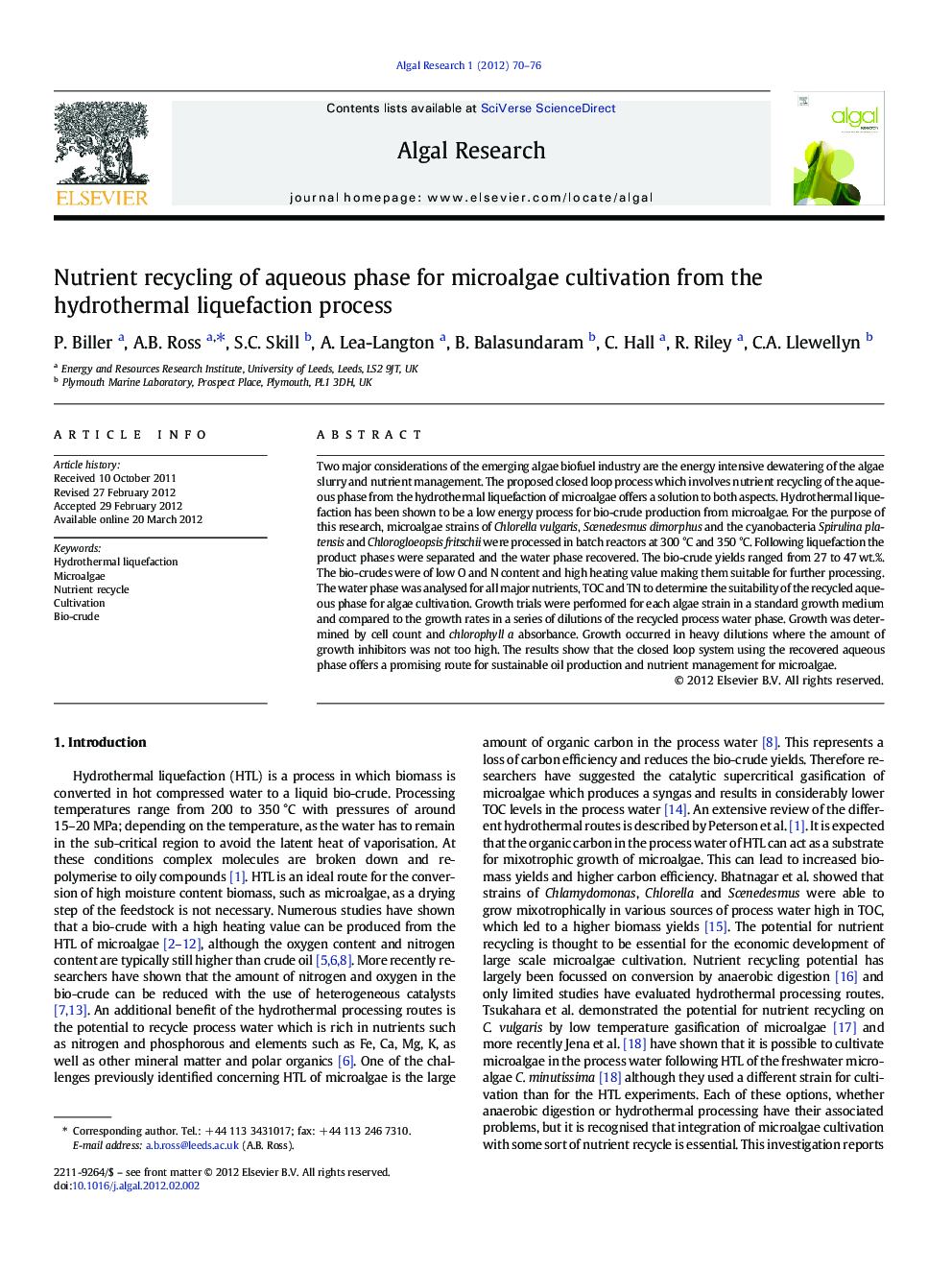 Nutrient recycling of aqueous phase for microalgae cultivation from the hydrothermal liquefaction process