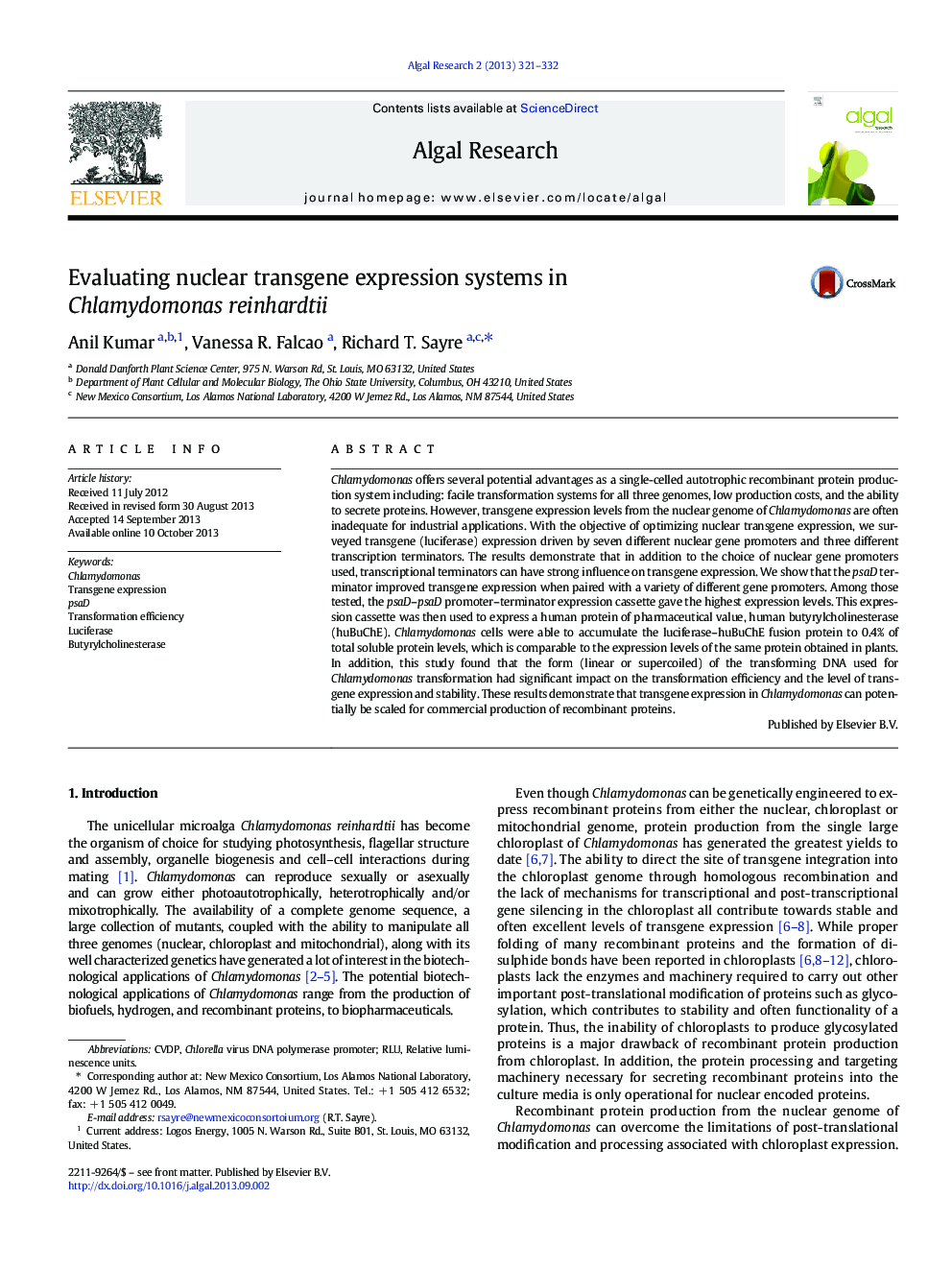 Evaluating nuclear transgene expression systems in Chlamydomonas reinhardtii
