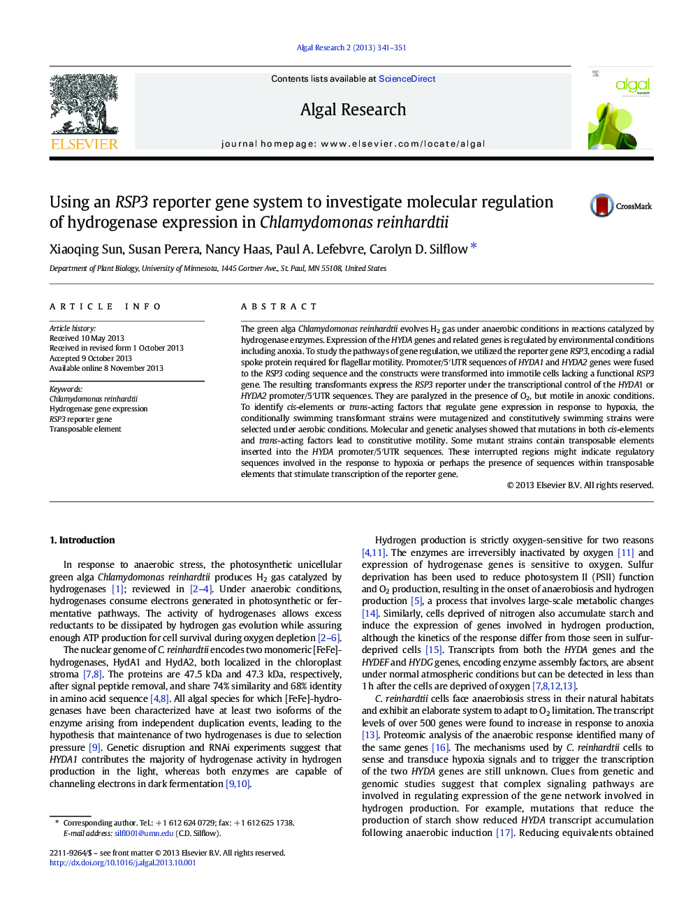 Using an RSP3 reporter gene system to investigate molecular regulation of hydrogenase expression in Chlamydomonas reinhardtii