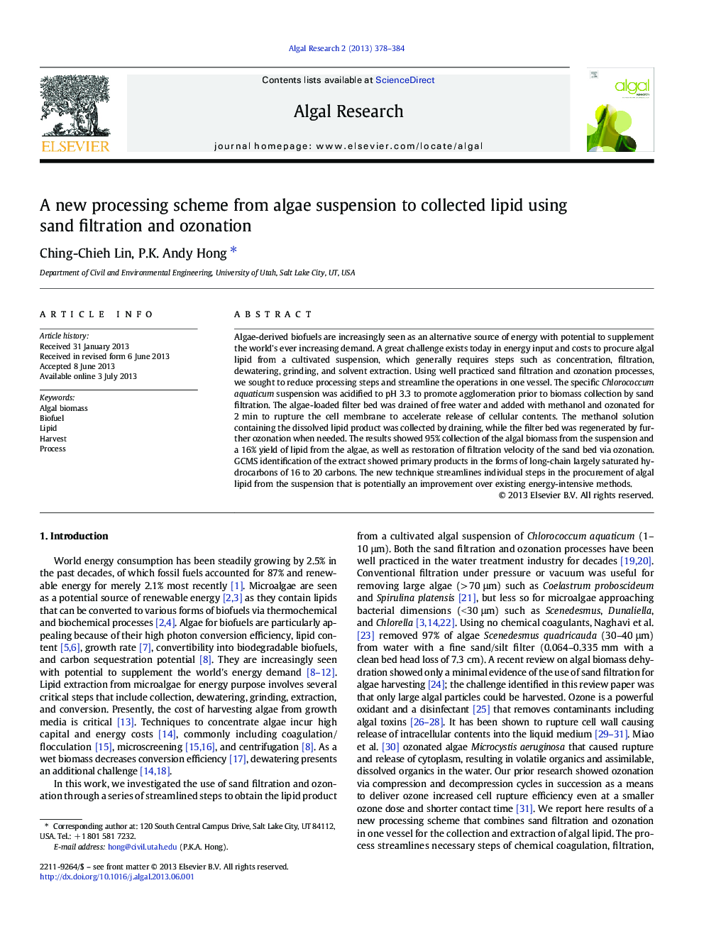 A new processing scheme from algae suspension to collected lipid using sand filtration and ozonation