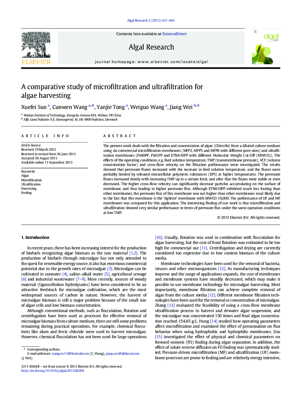 A comparative study of microfiltration and ultrafiltration for algae harvesting