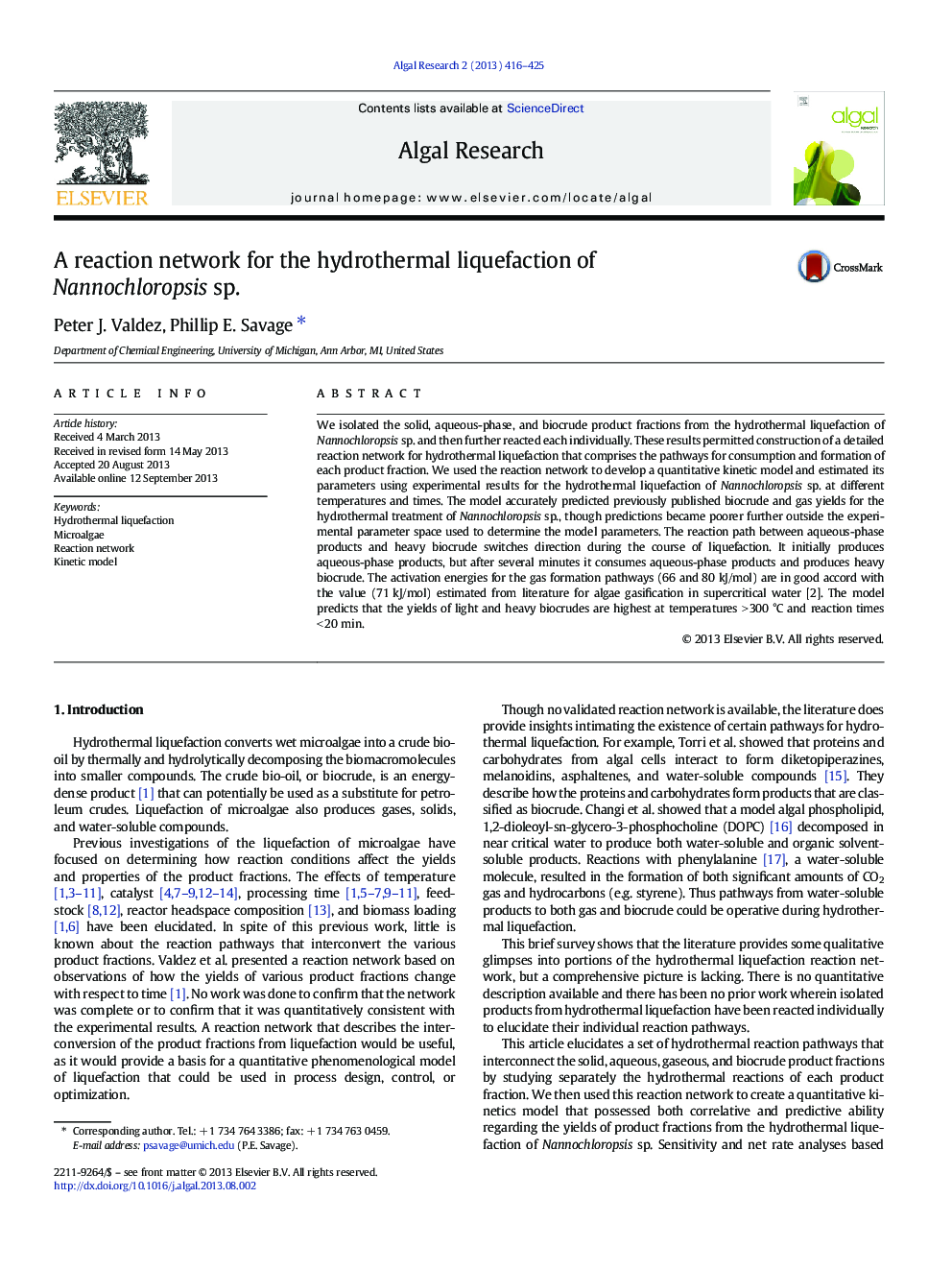 A reaction network for the hydrothermal liquefaction of Nannochloropsis sp.