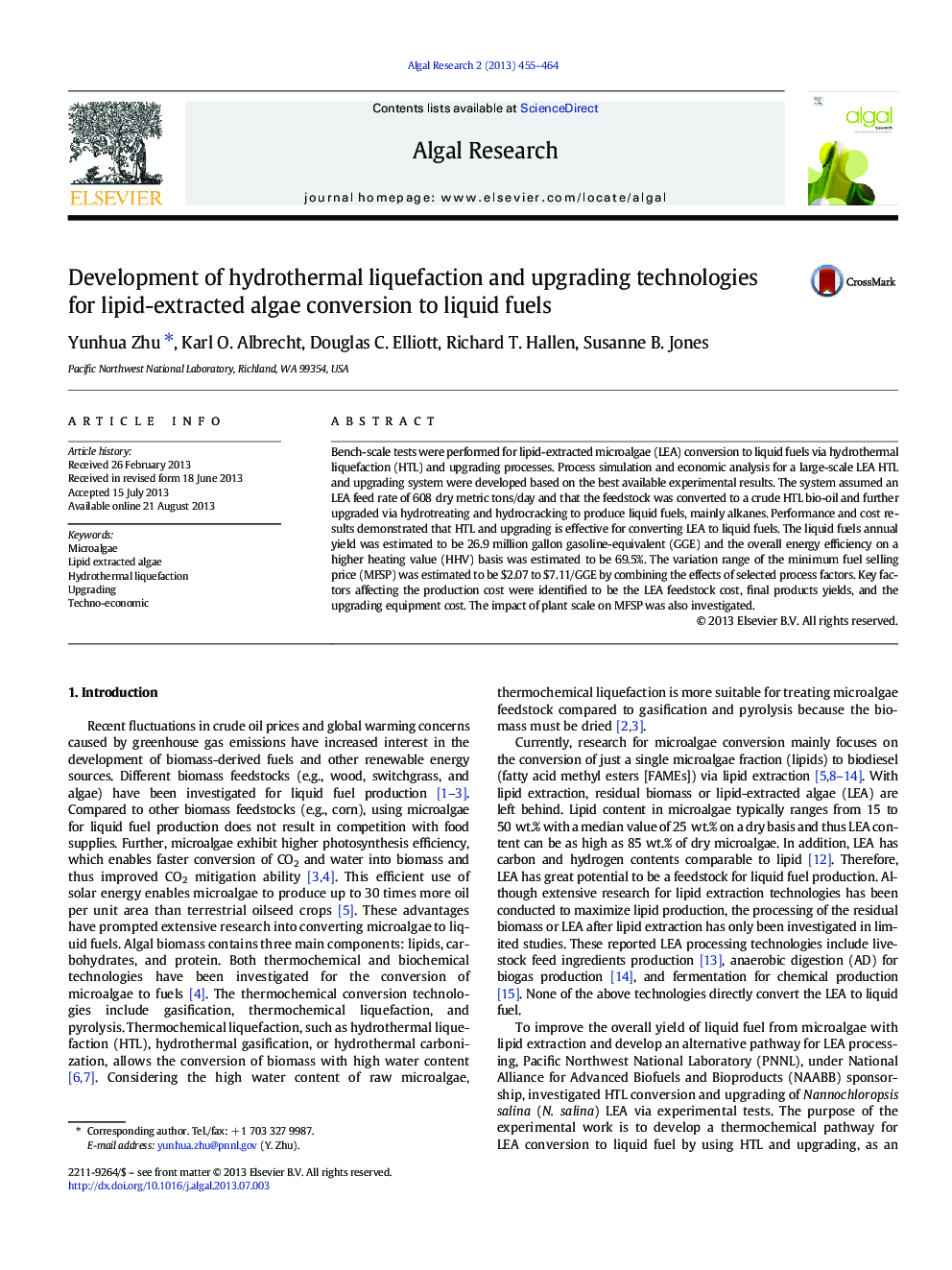 Development of hydrothermal liquefaction and upgrading technologies for lipid-extracted algae conversion to liquid fuels