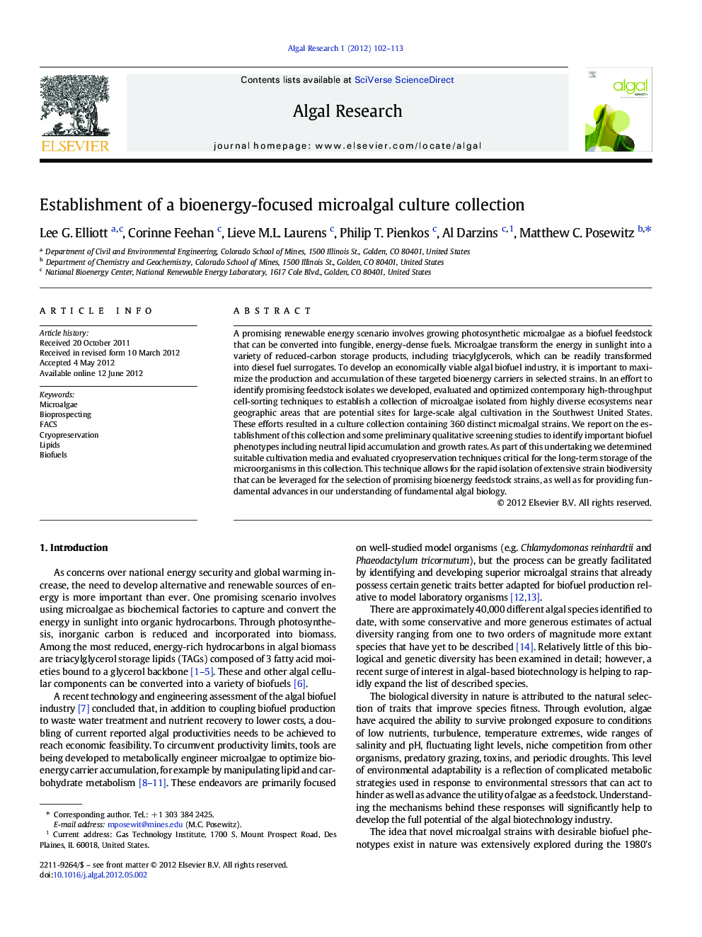 Establishment of a bioenergy-focused microalgal culture collection