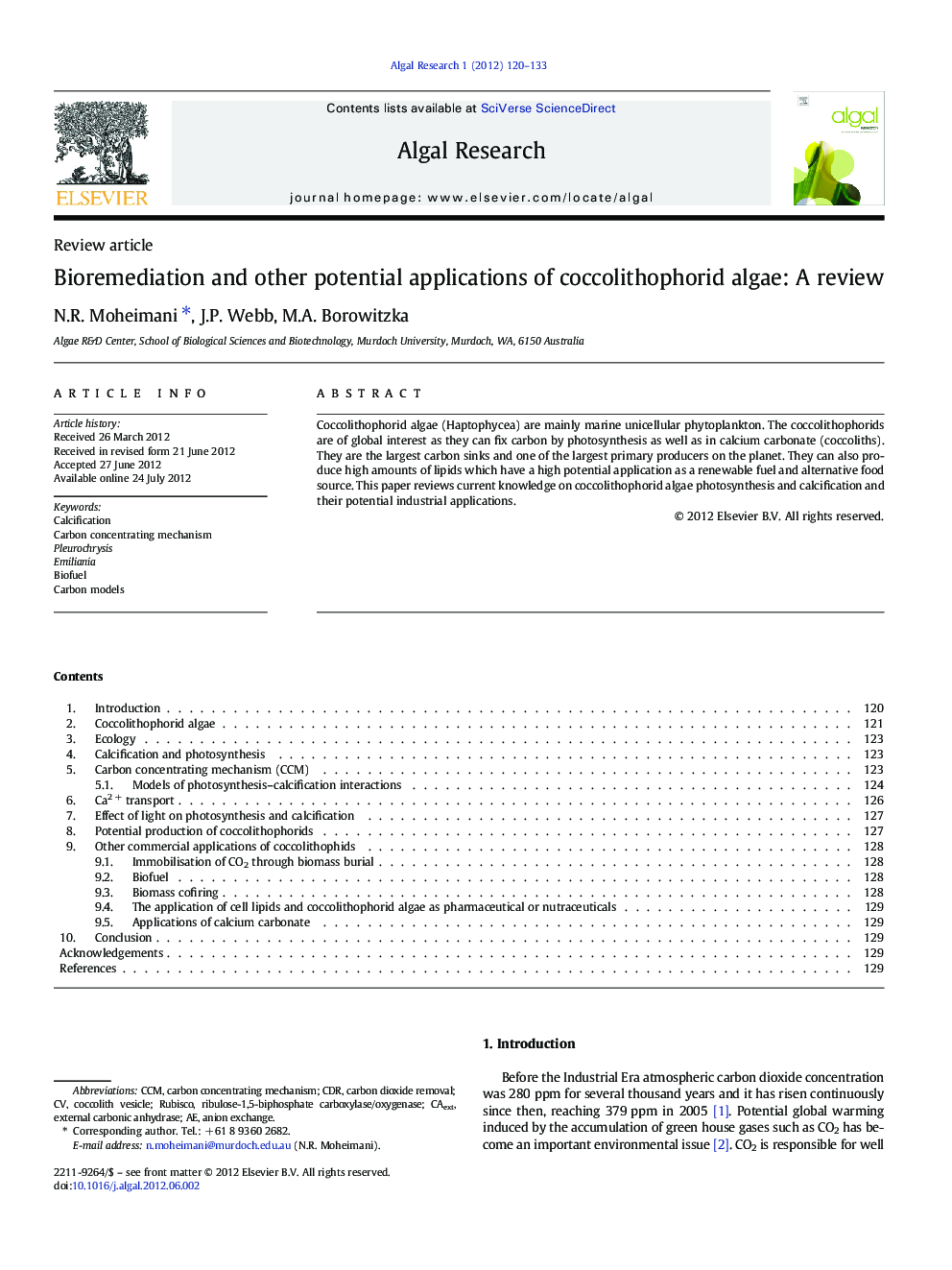 Bioremediation and other potential applications of coccolithophorid algae: A review