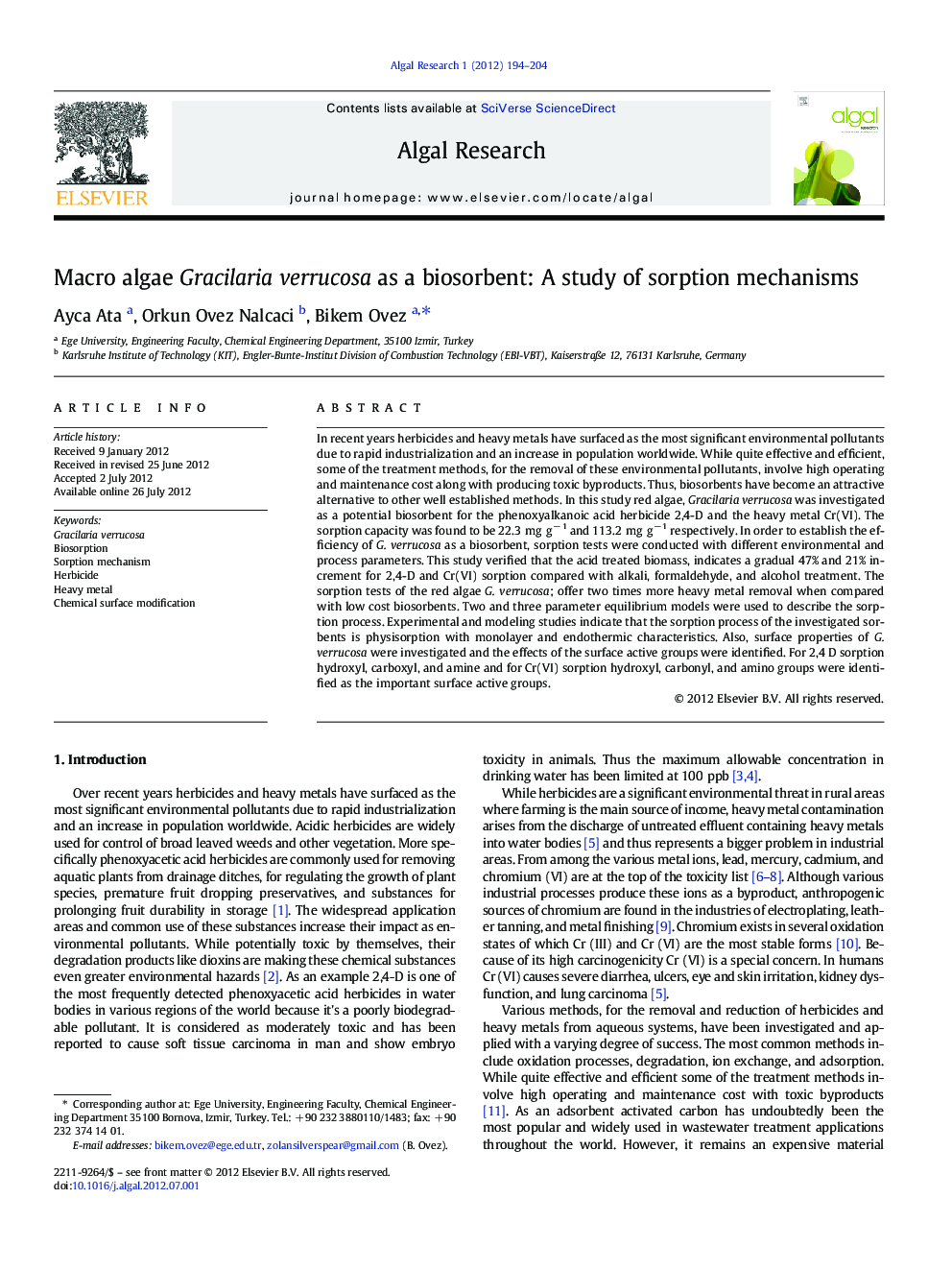 Macro algae Gracilaria verrucosa as a biosorbent: A study of sorption mechanisms
