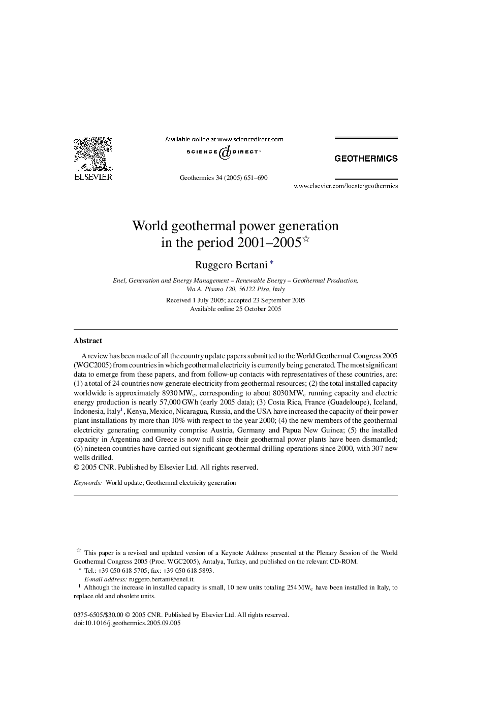 World geothermal power generation in the period 2001-2005