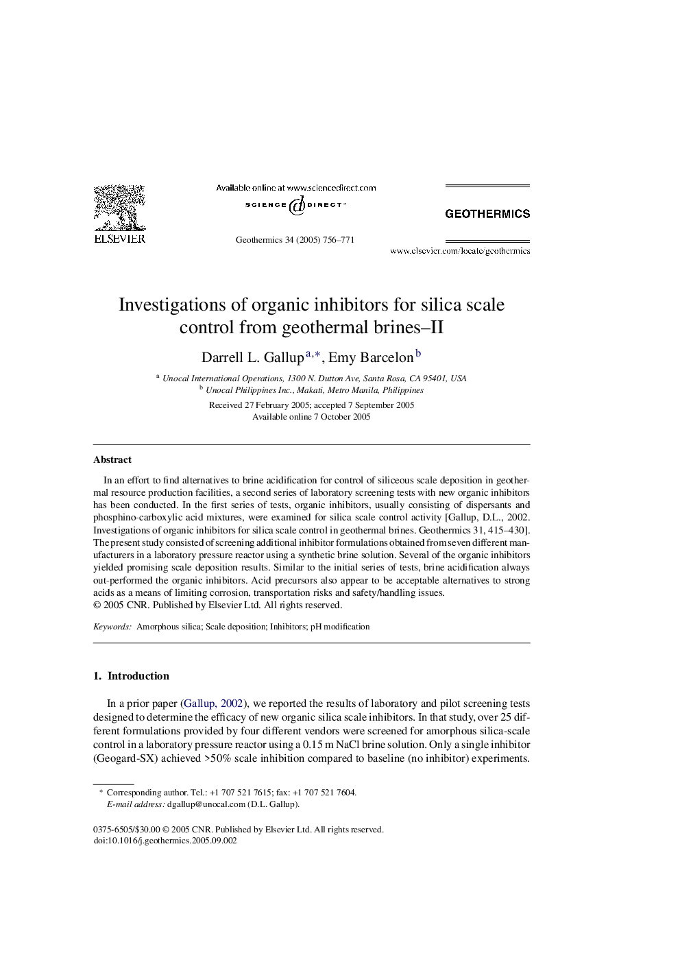 Investigations of organic inhibitors for silica scale control from geothermal brines-II