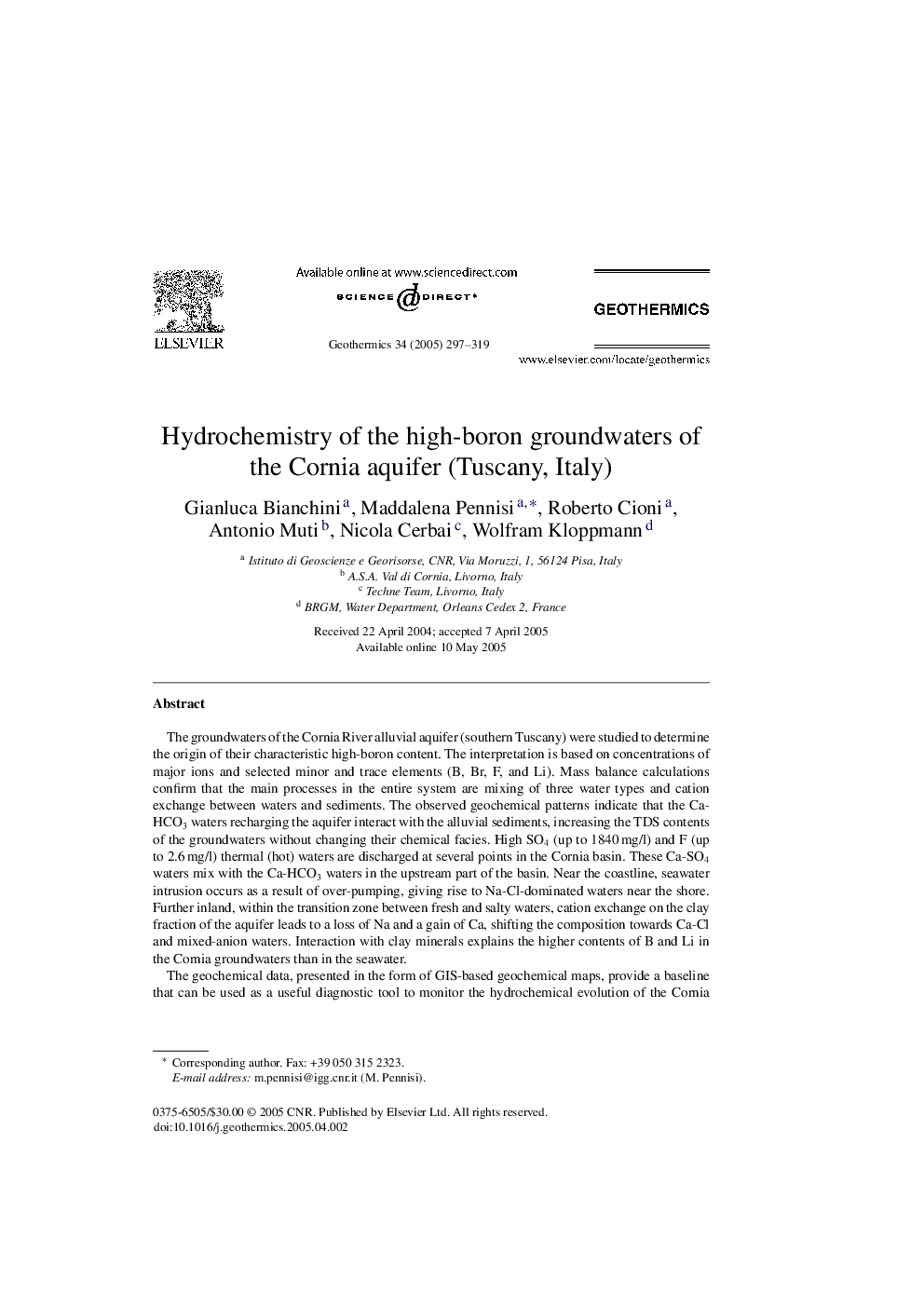 Hydrochemistry of the high-boron groundwaters of the Cornia aquifer (Tuscany, Italy)