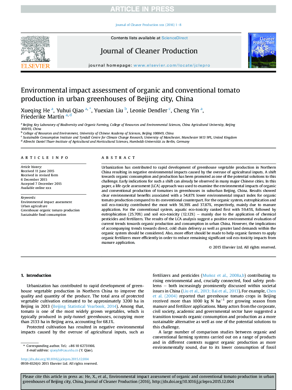ارزیابی اثرات زیست محیطی تولید گوجه فرنگی آلی و معمولی در گلخانه های شهر پکن، چین 